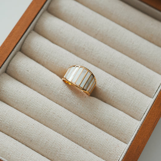 A gold-filled ring with white pearl accents