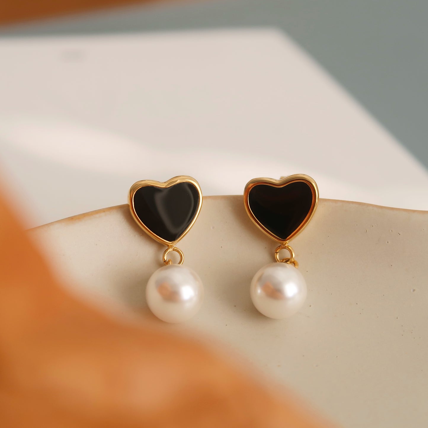 Enamel Heart Pearl Drop Earrings