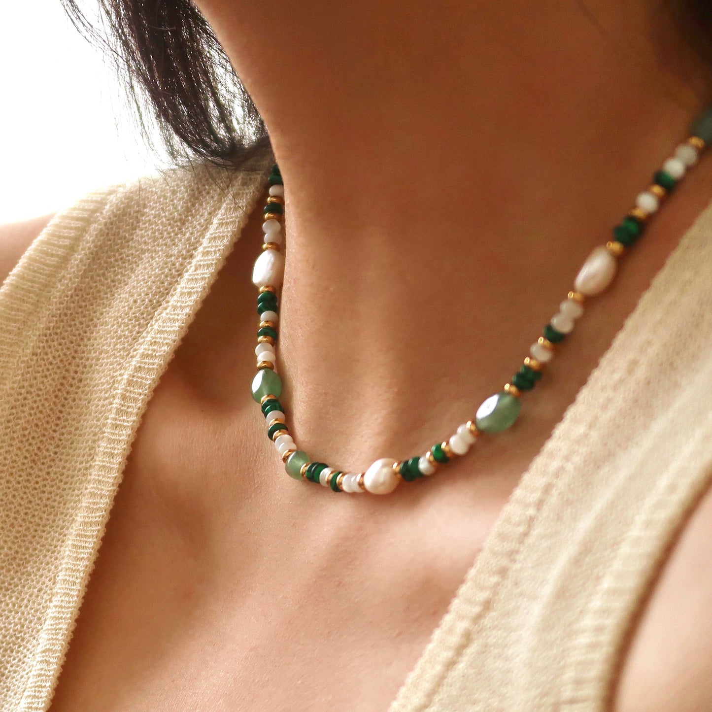 Beaded Jade Pearl Necklace